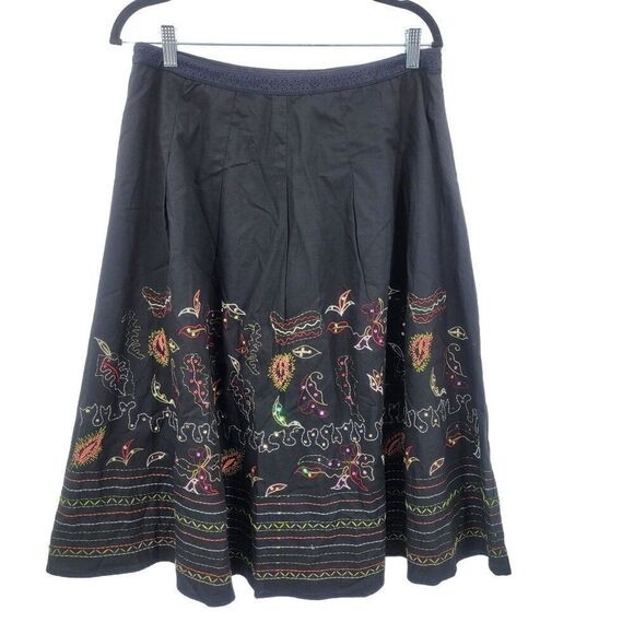 Vintage 90s Midi Skirt 12 Black Floral Embroidered Cotton A-line Full Boho - Picture 10 of 10